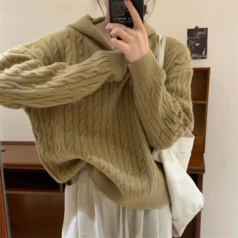 Damen Kuscheliger Strickpullover mit Kapuze und Zopfmuster Drune