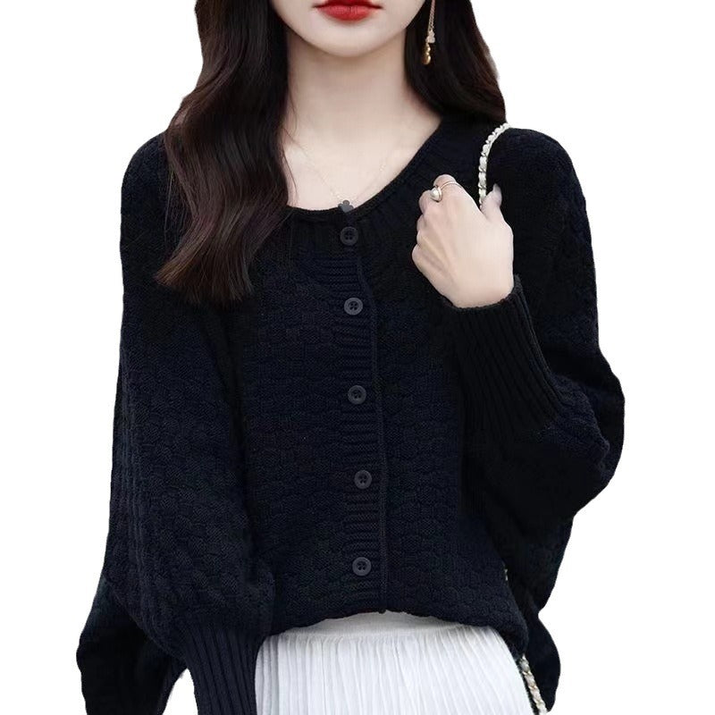 Damen lässiger Strickpullover mit Struktur und Knopfleiste Drune