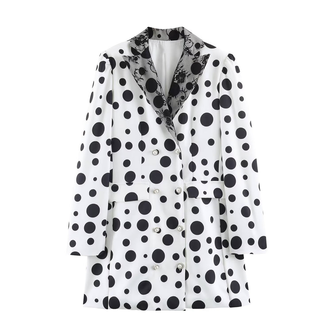 Damen Doppelreihiger Blazer im Polka‑Dot‑Design mit Spitzenbesetztem Revers Drune