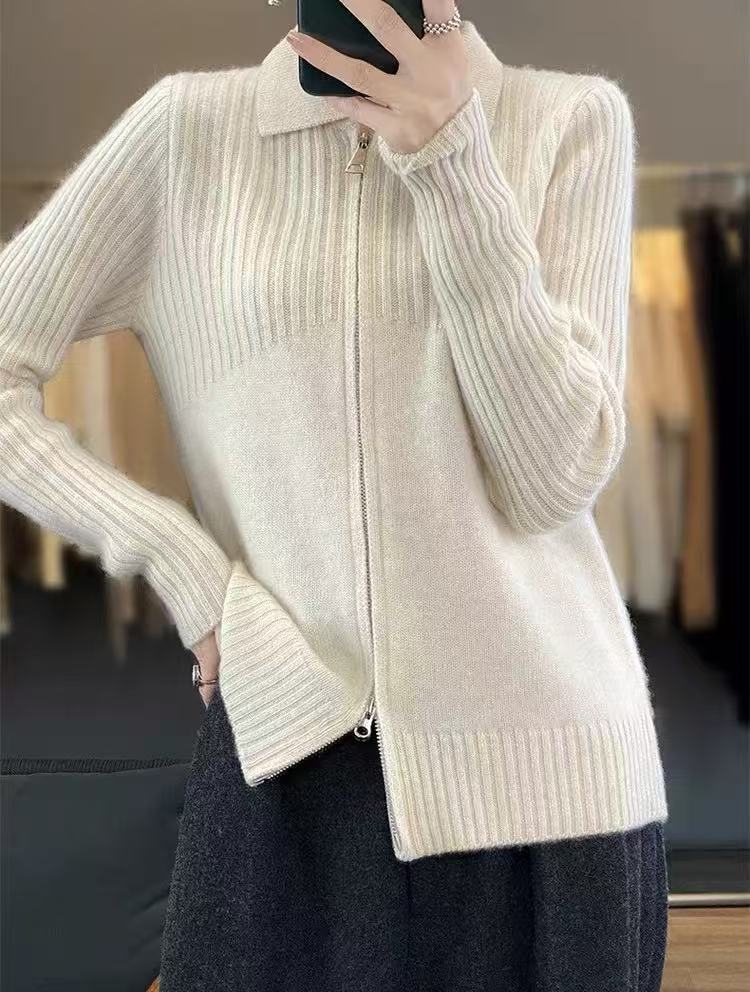 Damen gemütlicher Strickcardigan mit Reißverschluss und feinem Rippmuster Drune