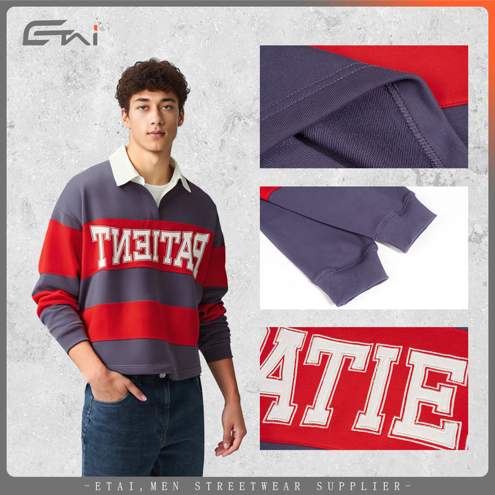 Herren Gestreiftes Rugby-Polo Sweatshirt mit Kontrastkragen und Oversize-Passform Drune