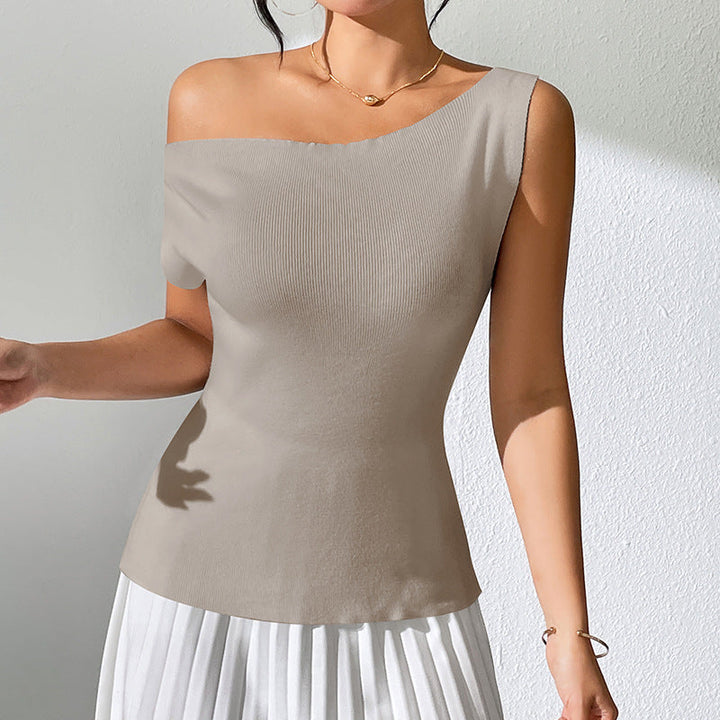 Drune | Einfarbiges ärmelloses Top mit schulterfreiem Strickdesign