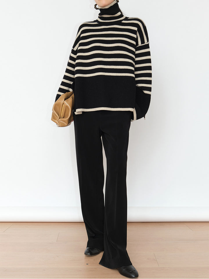 Damen Lässiger Strickpullover mit Blockstreifen und hohem Kragen Drune