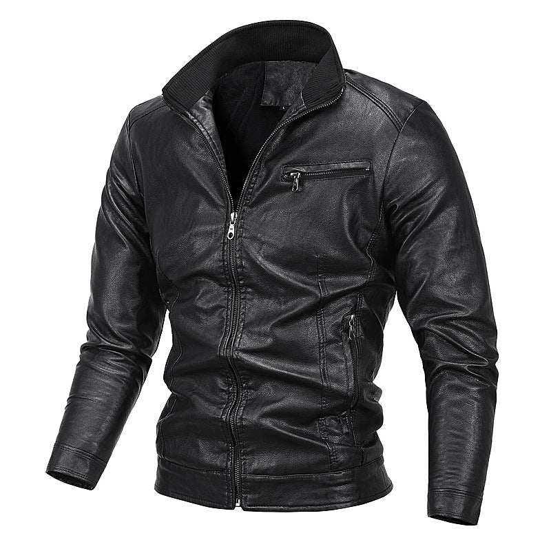 Herren Slim-Fit Kunstlederblouson mit Stehkragen und Reißverschlusstaschen Drune