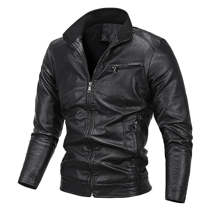 Herren Slim-Fit Kunstlederblouson mit Stehkragen und Reißverschlusstaschen Drune