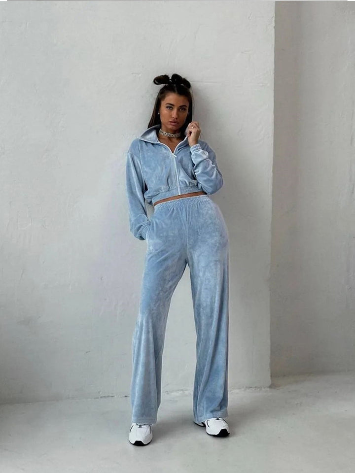 Damen luxuriöses Velours Lounge-Set mit kurzem Reißverschlussjacke und hochtaillierter Gummibund-Jogger Drune
