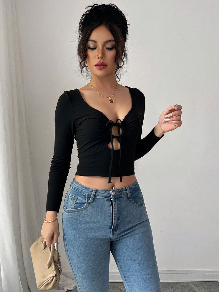 Damen Crop-Oberteil mit Zierknoten und langem Arm Drune