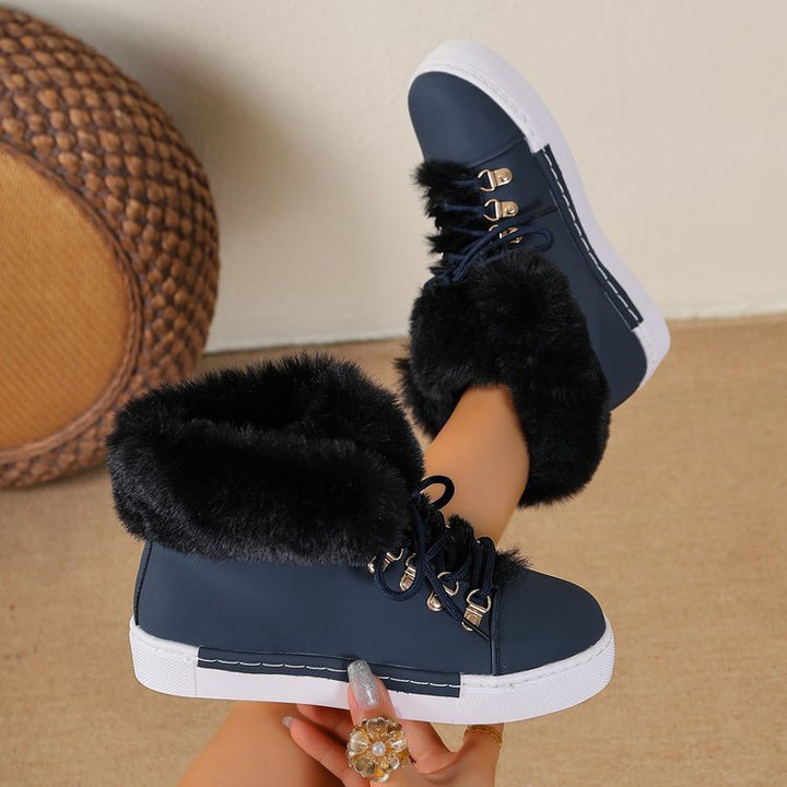 Damen Winterliche Sneaker-Stiefelette mit Kunstfellkragen und Plateau Drune