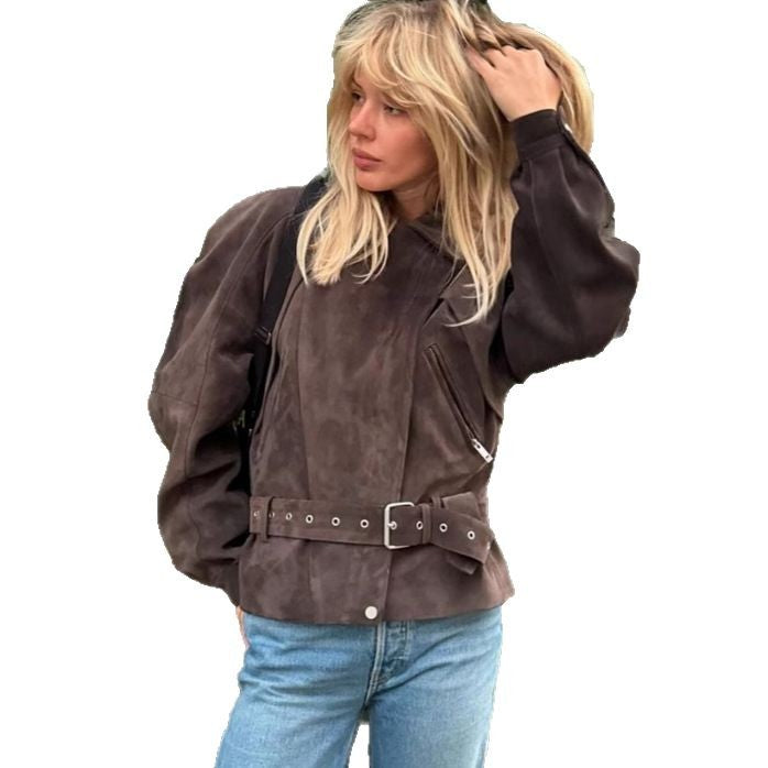 Damen Modische Suede Jacke mit Taillengürtel Drune