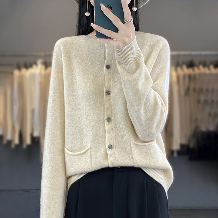 Damen Langer Feinstrick-Cardigan mit Rundhalsausschnitt, Eingrifftaschen und Alpaka-Mix Drune
