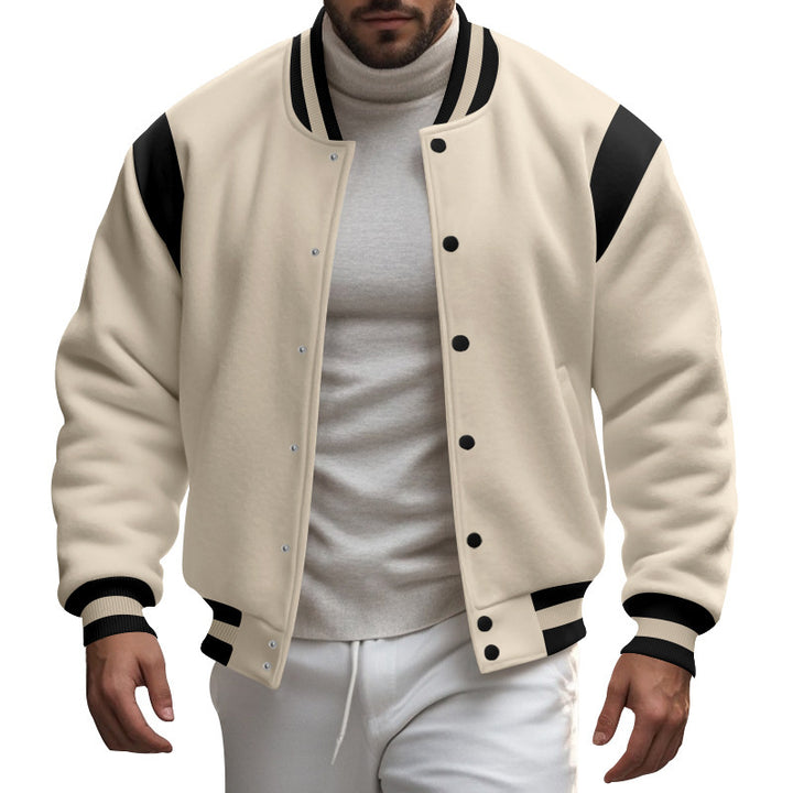 Herren nan College-Baseballjacke mit Druckknopfleiste, geripptem Kragen und kontrastierten Schulterpassen Drune
