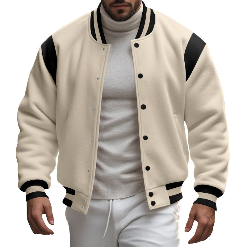 Herren nan College-Baseballjacke mit Druckknopfleiste, geripptem Kragen und kontrastierten Schulterpassen Drune