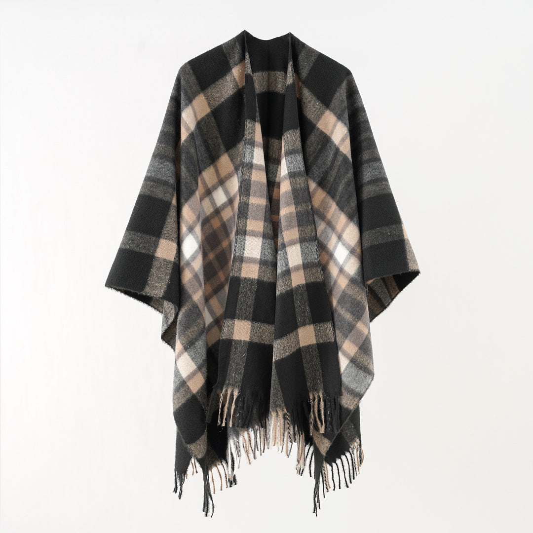 Damen Übergroßer Karierter Wollponcho mit Fransen Drune