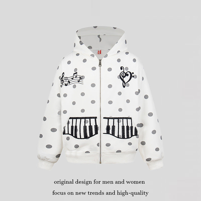 Damen Kapuzen-Sweatjacke im Retro-Punkte-Look mit gestickten Klavier-Taschen und Noten-Emblem Drune
