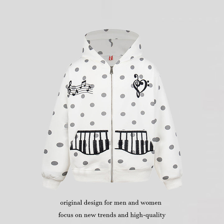 Damen Kapuzen-Sweatjacke im Retro-Punkte-Look mit gestickten Klavier-Taschen und Noten-Emblem Drune