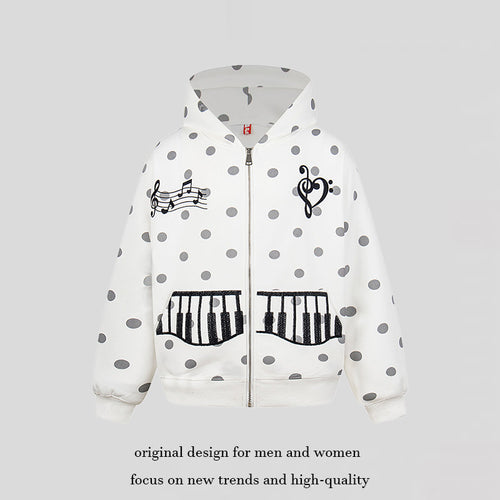 Damen Kapuzen-Sweatjacke im Retro-Punkte-Look mit gestickten Klavier-Taschen und Noten-Emblem Drune