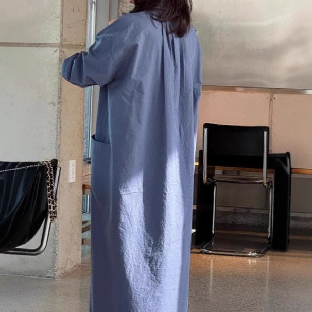 Damen Langes Oversize-Hemdblusenkleid aus Baumwollpopeline mit seitlichen Eingrifftaschen und Rückenpasse Drune