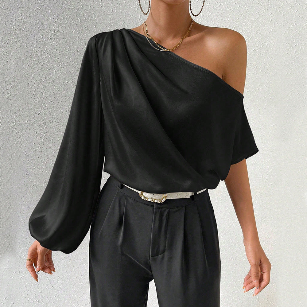 Damen asymmetrisches Top mit eleganten Puffärmeln Drune