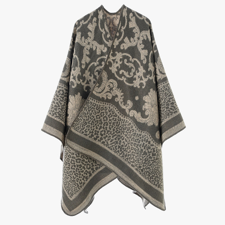 Damen Jacquard‑Wollmix Capeponcho mit Barock‑ und Animalmuster Drune