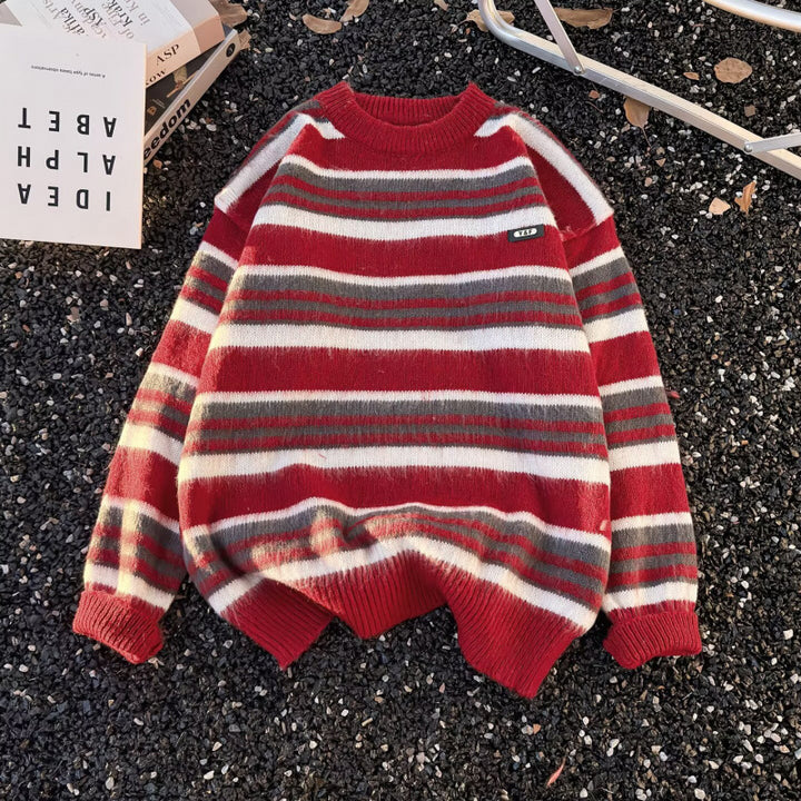 Unisex Gestreifter Oversize-Mohair‑Optik Pullover mit Rundhals und weicher Struktur Drune