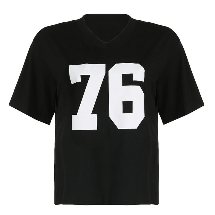 Damen lässiges V-Ausschnitt T-Shirt mit Sportmotiv Drune