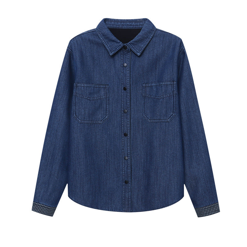 Damen lässige Denim-Hemdjacke mit karierten Details Drune