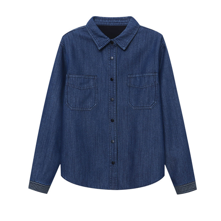 Damen lässige Denim-Hemdjacke mit karierten Details Drune