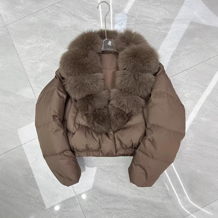 Damen nan kurz geschnittene Boxy-Pufferjacke mit extra großem Webpelzkragen und formstabilem Saum Drune