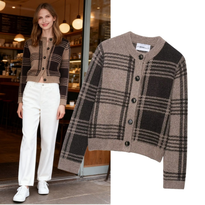 Damen kariertes Strickjacke mit Knopfleiste und weichem Material Drune