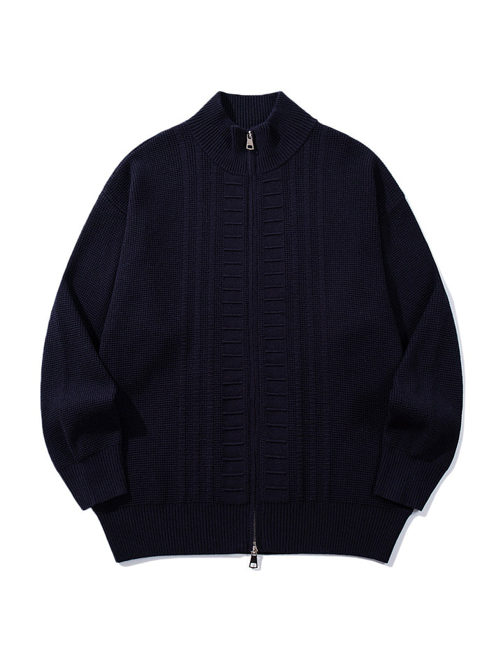 Herren Grobstrick-Zipjacke mit Stehkragen und beidseitig öffnendem Reißverschluss Drune