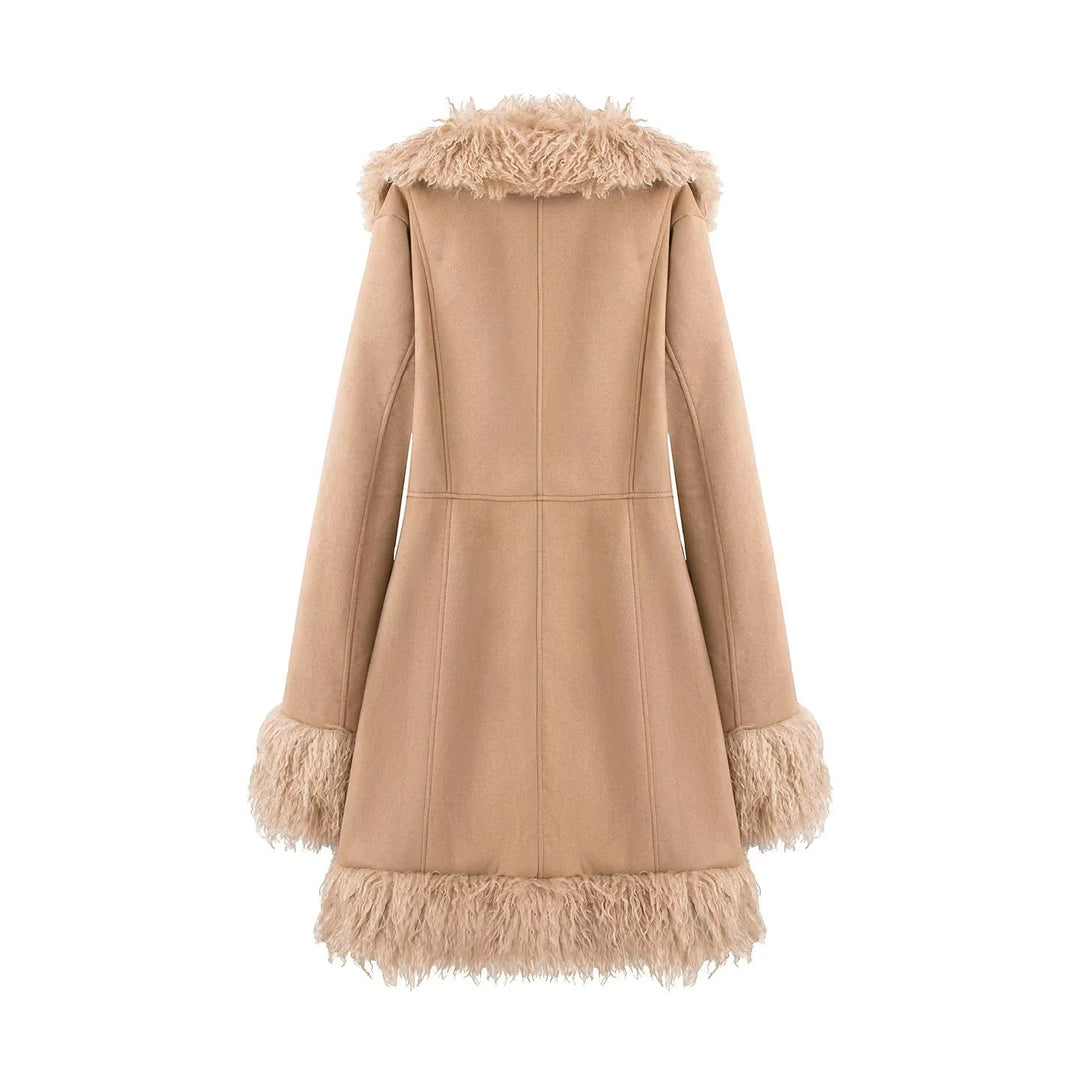 Damen nan langer Mantel mit Kapuze und langflorigem Lammfellimitatbesatz Drune
