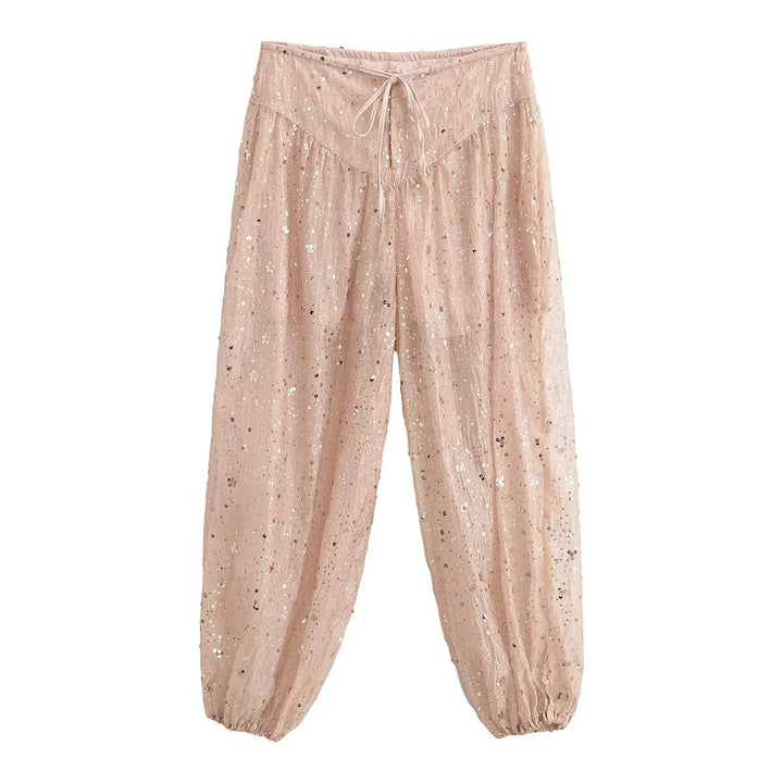 Damen locker geschnittene Pailletten-Hose mit Tunnelzug und Gummibündchen Drune