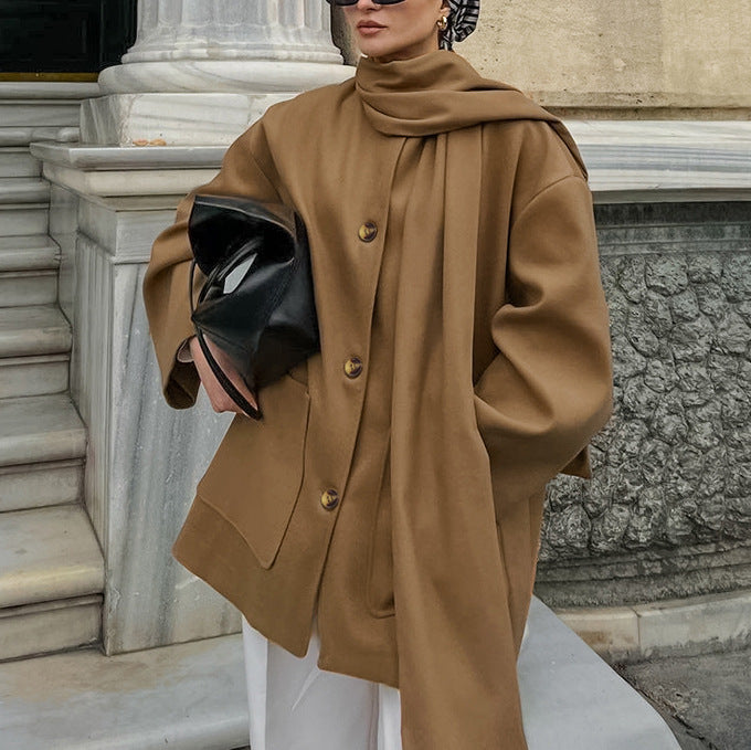 Damen modische Oversized-Jacke mit Schal und praktischen Taschen Drune