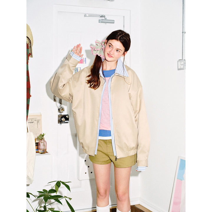 Damen Kurz geschnittene Boxy‑Blousonjacke mit gestreiftem Hemdkragen Drune