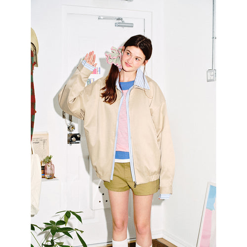 Damen Kurz geschnittene Boxy‑Blousonjacke mit gestreiftem Hemdkragen Drune