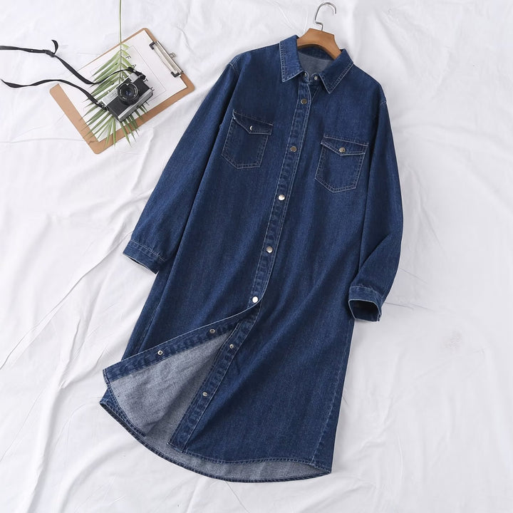 Damen Langes Denim-Hemdblusenkleid mit Knopfleiste und Brusttaschen Drune