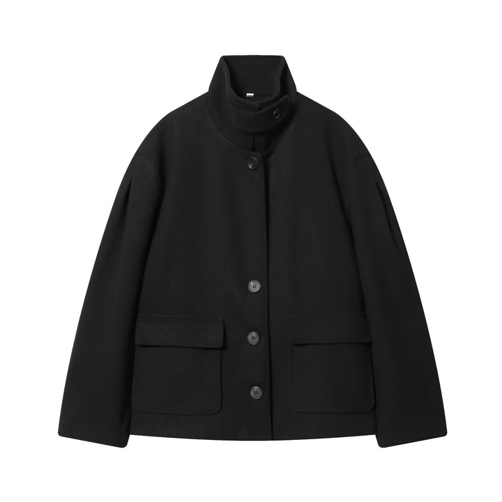 Damen Kurze Boxy-Wollmix-Jacke mit Stehkragen und aufgesetzten Pattentaschen Drune