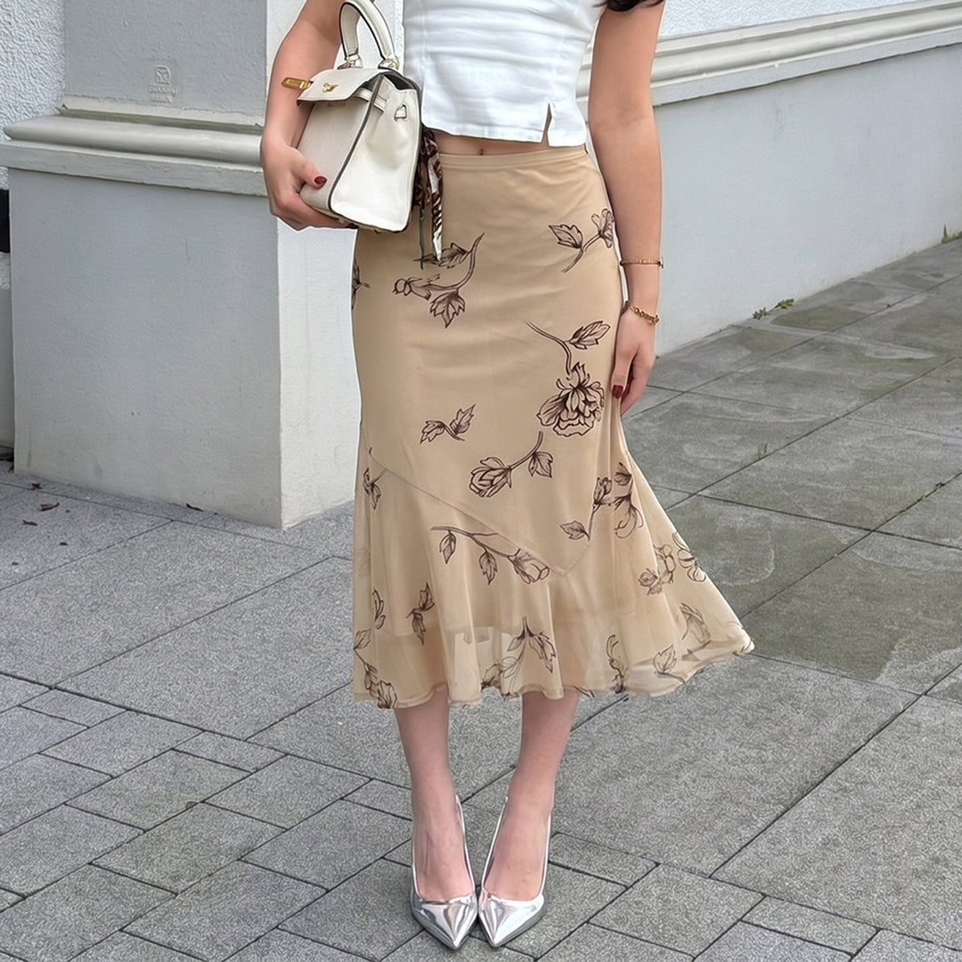 Damen Fließender Chiffon-Midirock mit zartem Blumenprint und asymmetrischem Volant Drune