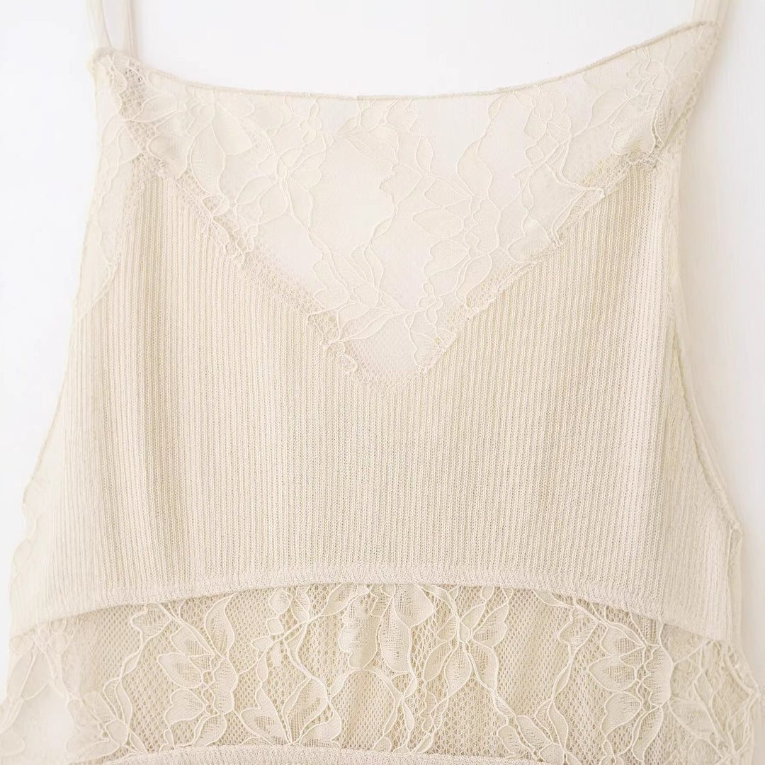Damen Spitzen-Camisole mit feiner Rippstruktur und verstellbaren Spaghettiträgern Drune