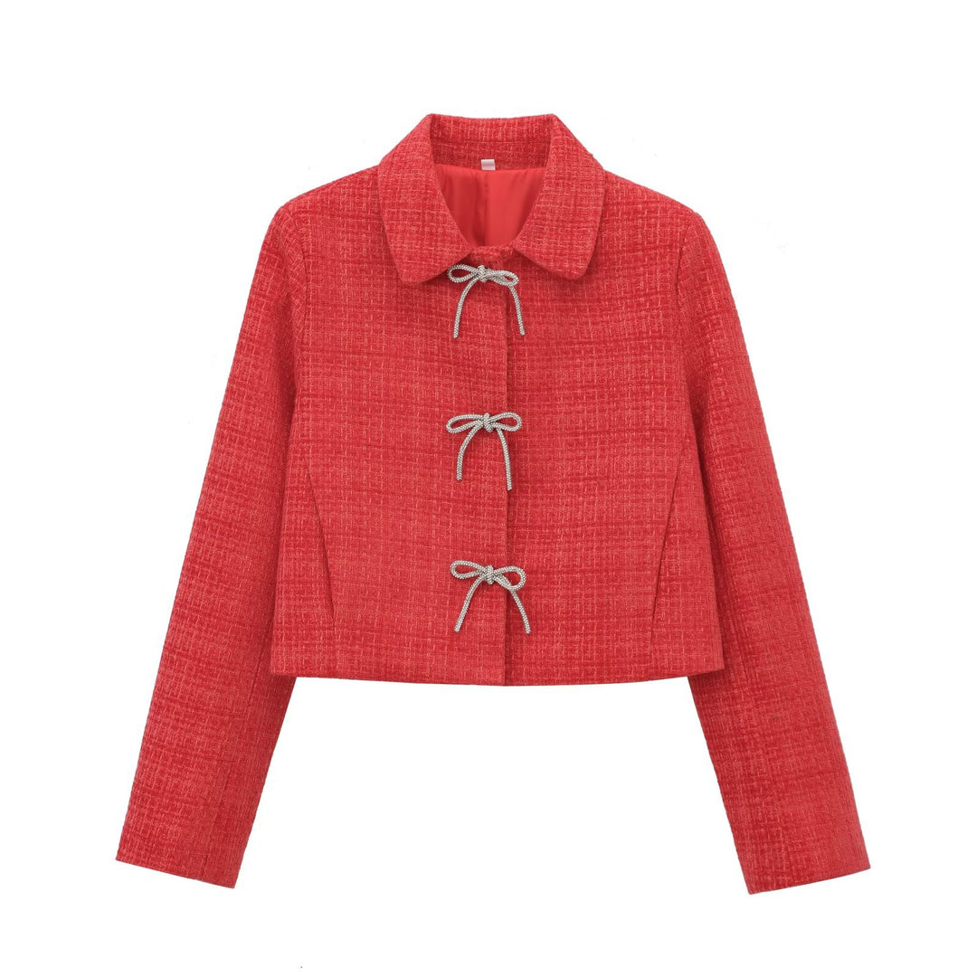 Damen Kurze Bouclé‑Tweed‑Jacke mit Peter‑Pan‑Kragen und dekorativen Schleifenverschlüssen Drune