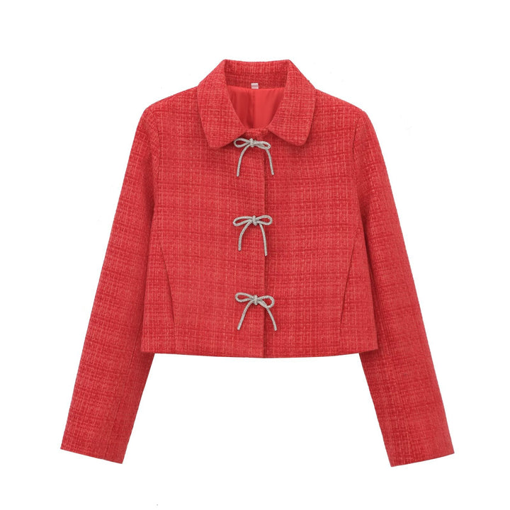 Damen Kurze Bouclé‑Tweed‑Jacke mit Peter‑Pan‑Kragen und dekorativen Schleifenverschlüssen Drune