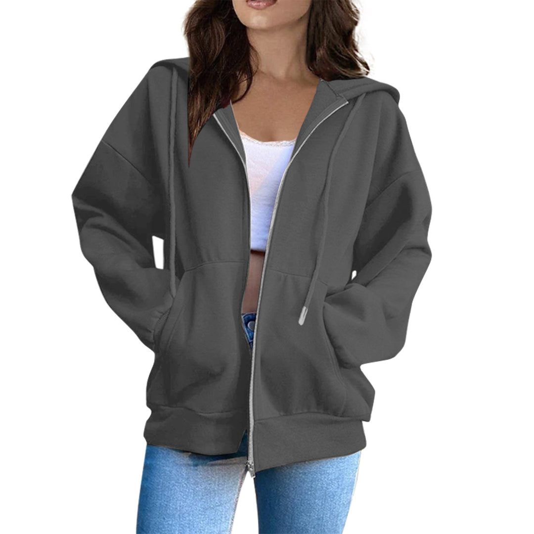 Damen nan lässige Kapuzenjacke mit durchgehendem Reißverschluss, Kängurutaschen und voluminösen Raglanärmeln Drune