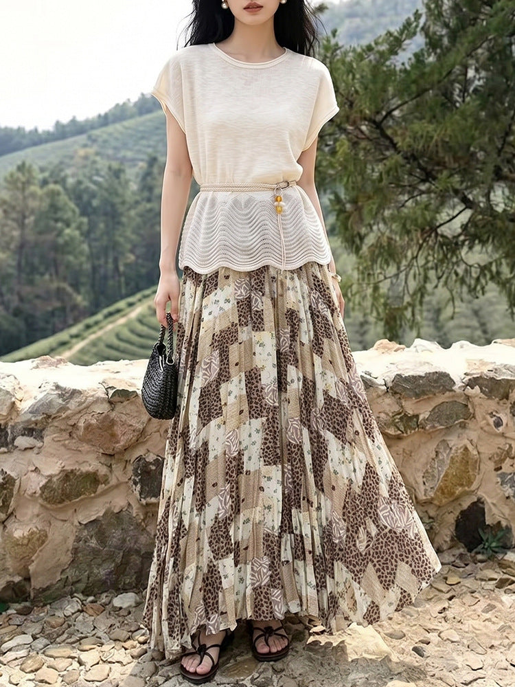 Damen nan fein gefalteter Midirock mit Vintage Blumenprint und elastischem Taillenbund Drune