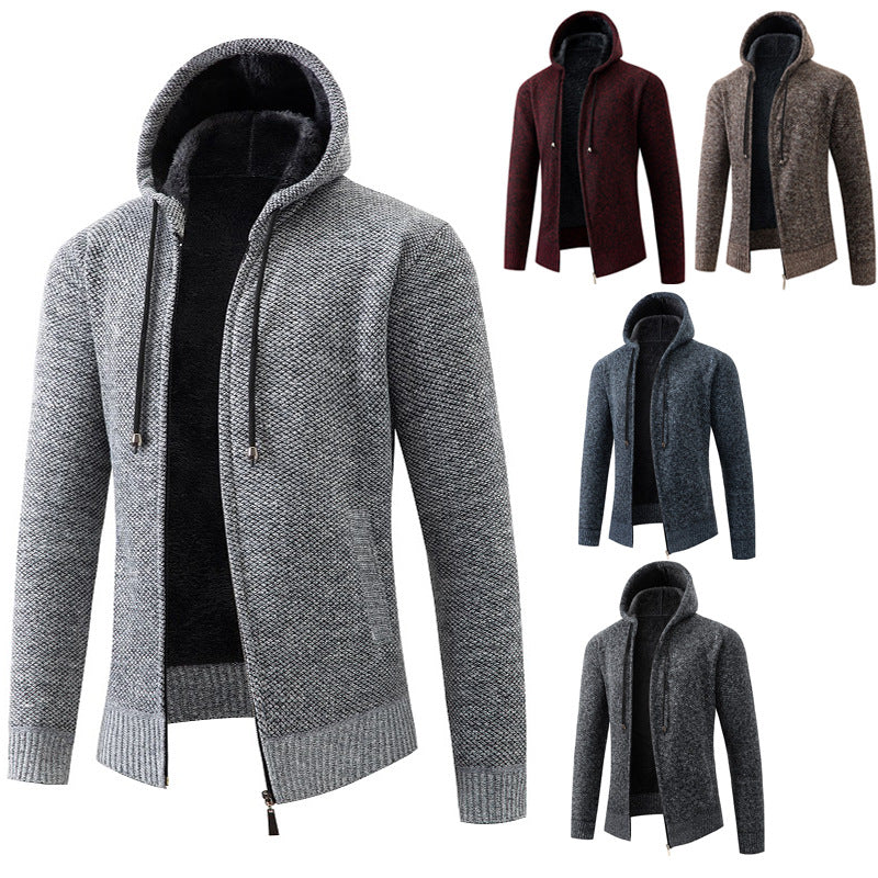 Herren nan melierte Strickzip-Kapuzenjacke mit wärmendem Teddyfutter, verdecktem Zwei-Wege-Reißverschluss und elastischen Bündchen Drune