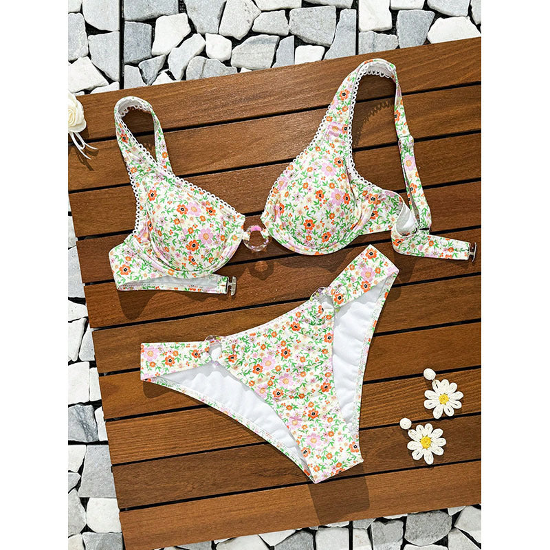 Damen Bikini-Set mit floralem Druck und raffinierten Rüschen Drune