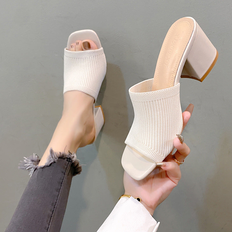 Damen Strick‑Mule mit offenem Zehenbereich und mittelhohem Blockabsatz Drune