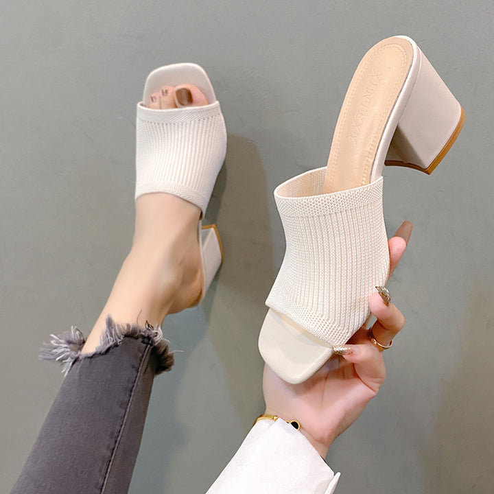 Damen Strick‑Mule mit offenem Zehenbereich und mittelhohem Blockabsatz Drune