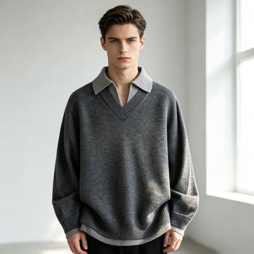 Unisex Lässiger Strukturstrick-Pullover mit offenem Polokragen und tiefem V-Ausschnitt Drune