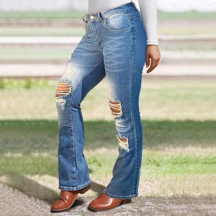 Damen Bootcut-Jeans mit Knie-Rissen aus Stretch-Denim und mittelhoher Taille Drune