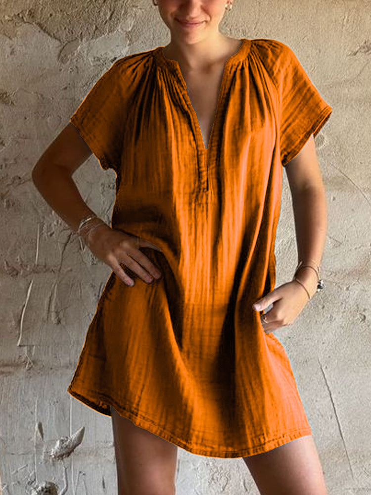 Damen lässiges Tunika-Kleid mit tiefem V-Ausschnitt und Raffung Drune